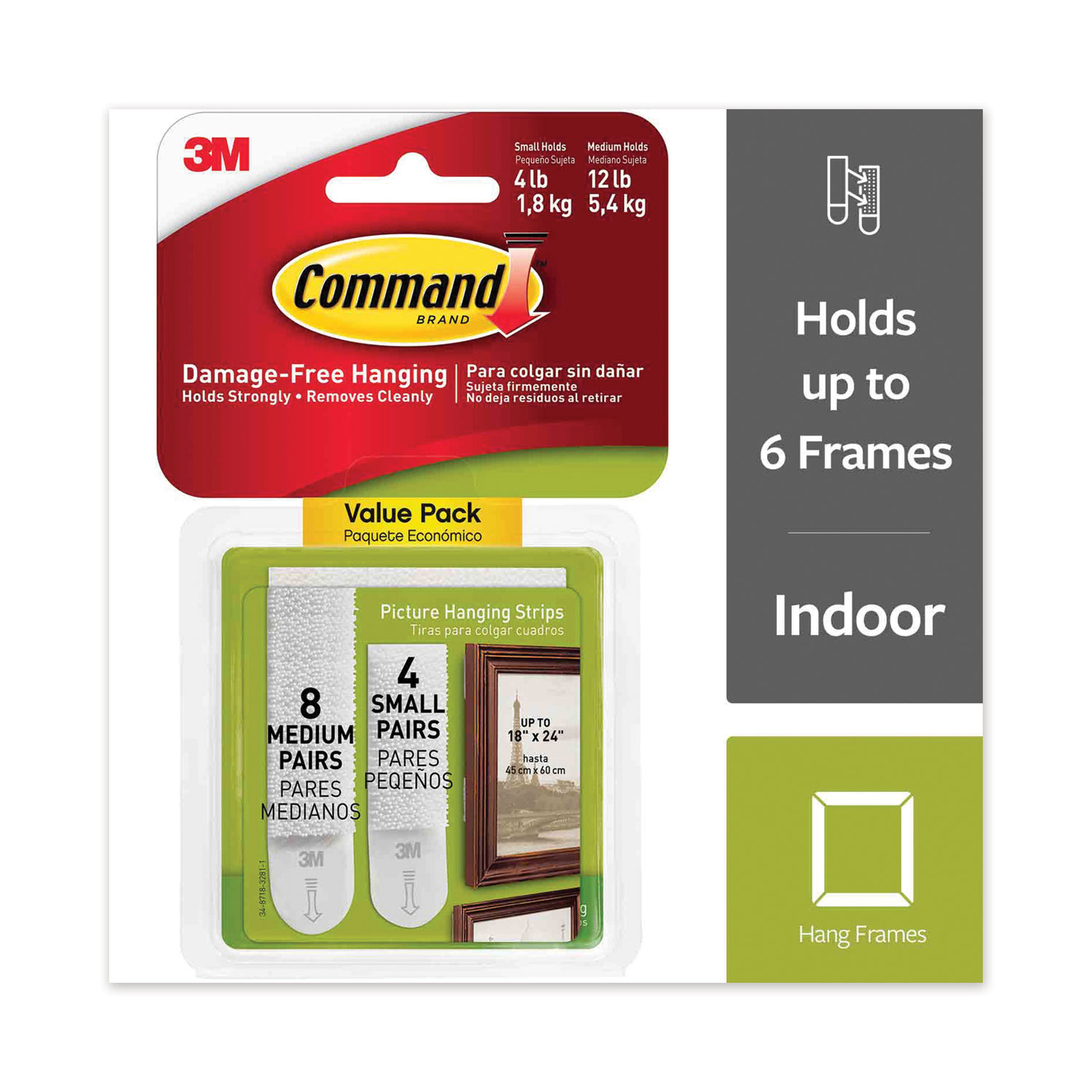  Command 17203 Picture Hanging Strips, Value Pack, Removable, (4 Small) 0.63 x 1.81 and (8 Medium) 0.75 x 2.75, White, 12 Pairs/Pack (MMM70005130078) 