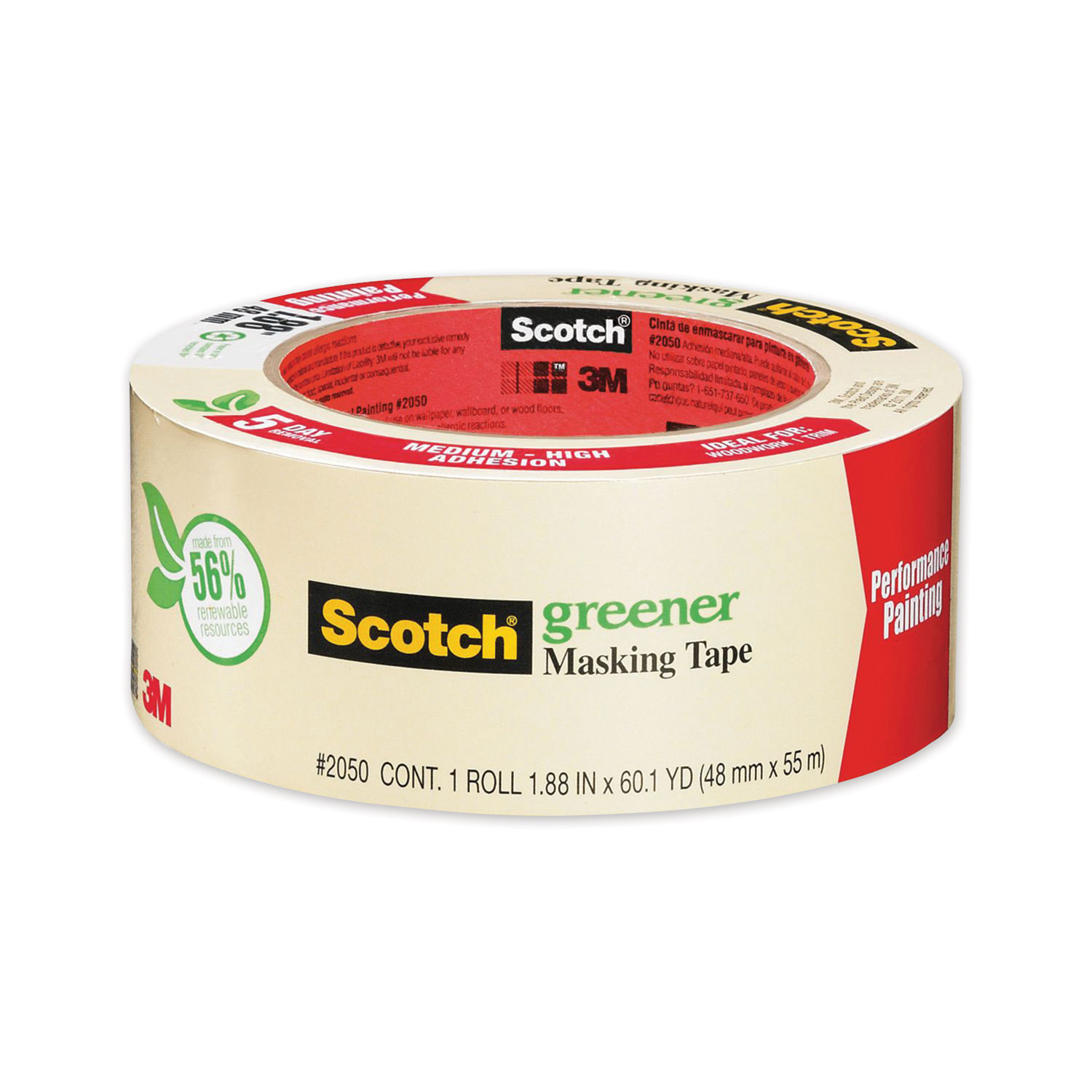Scotch® Greener Masking Tape 2050, 3 Core, 1.88 x 60 yds, Beige