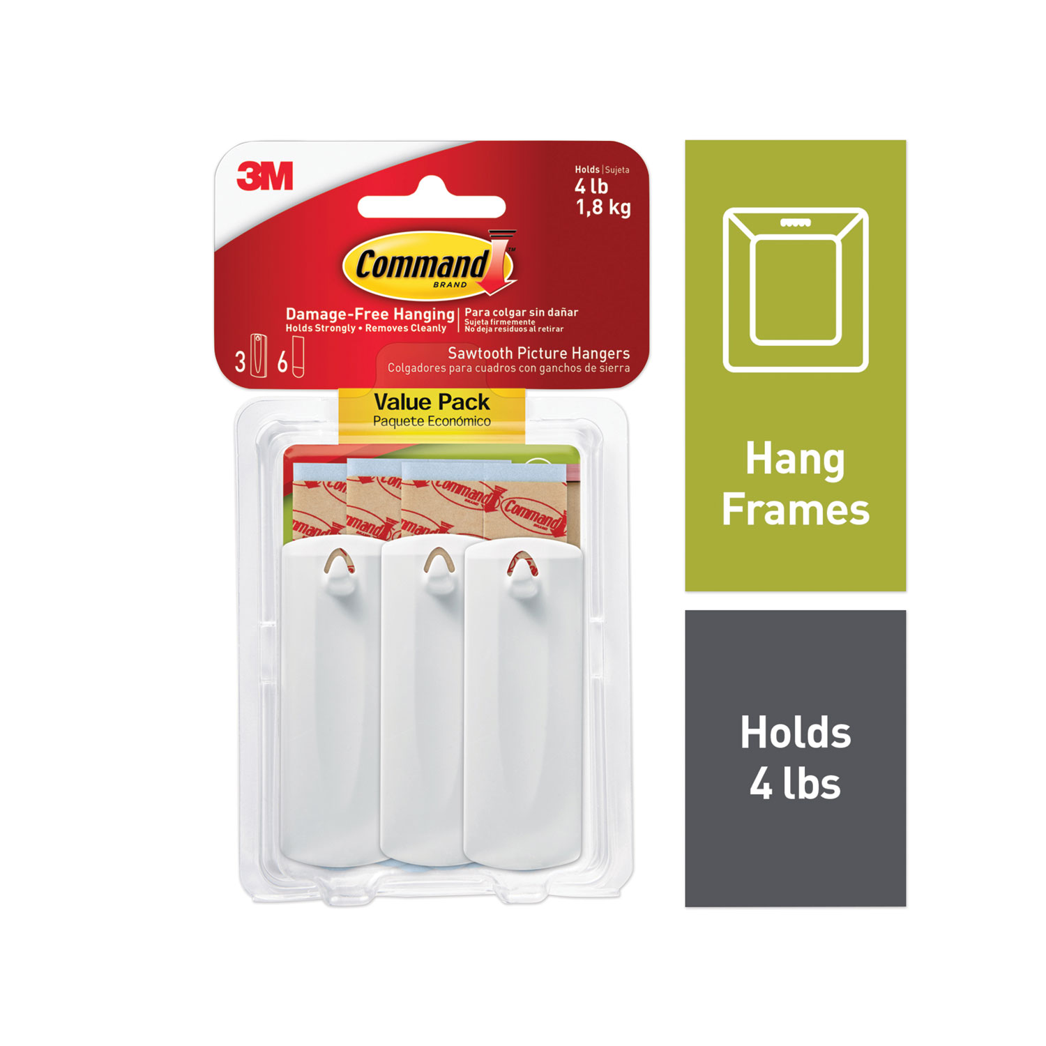  Command 17042 Sawtooth Picture Hanger Value Pack, Large, Plastic, White, 5 lb Capacity, 3 Hooks and 6 Strips/Pack (MMM70005152858) 