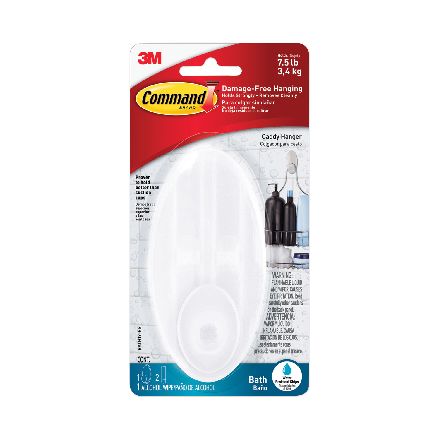 Command™ Caddy Hanger, Large, Plastic, White, 7.5 Capacity, 1 Hook and 2 Strips