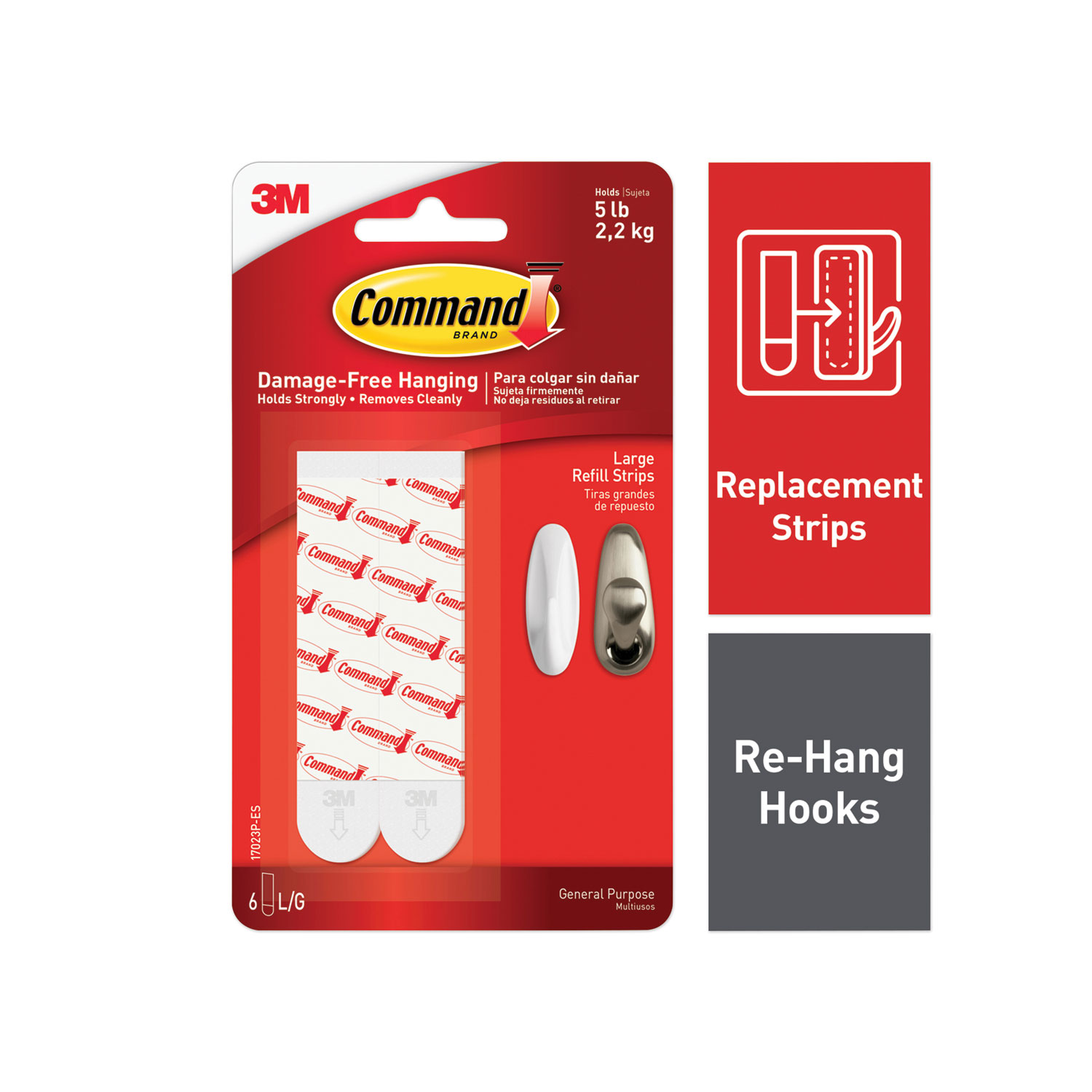  Command 17023P-ES Refill Strips, Removable, Holds up to 5 lbs, 0.75 x 3.65, White, 6/Pack (MMM70006903176) 
