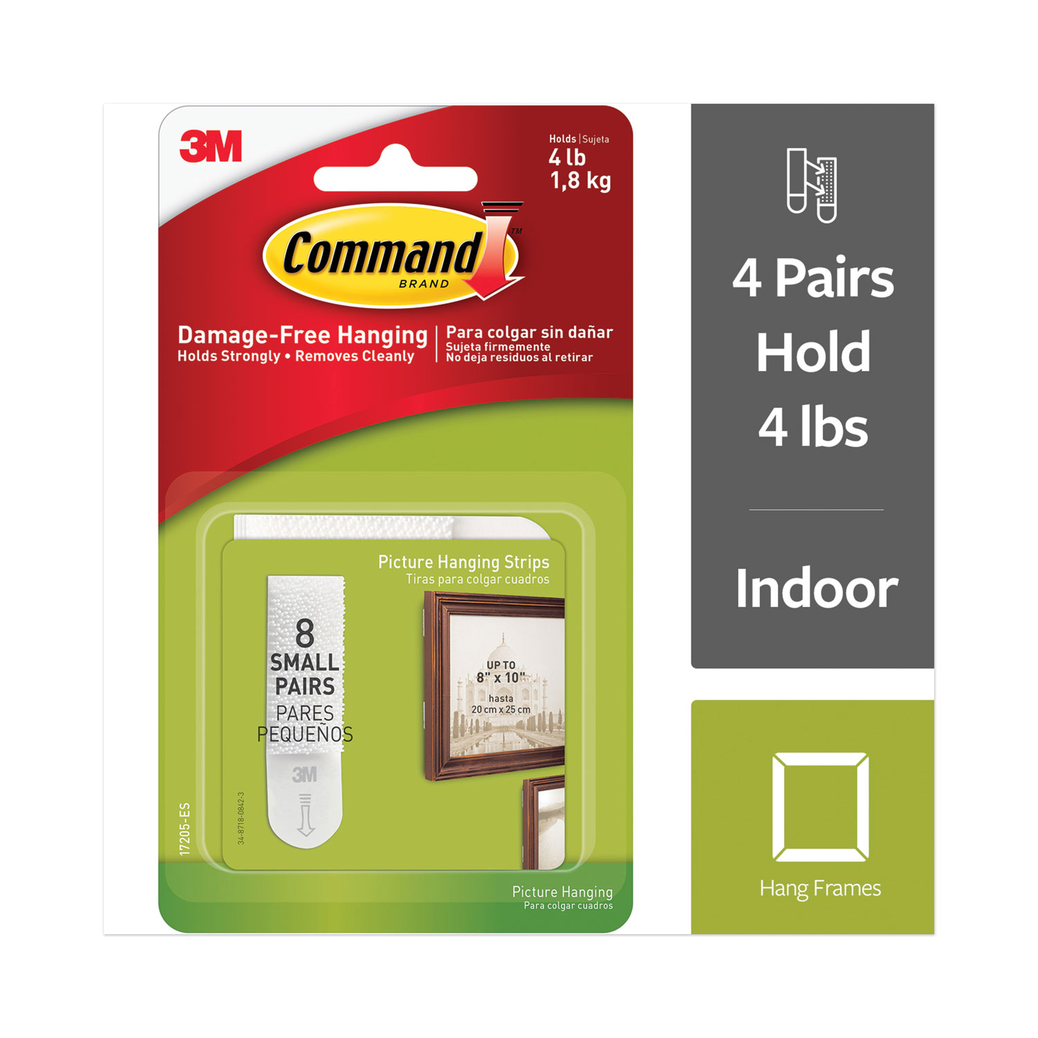  Command 17205 Picture Hanging Strips, Removable, Holds up to 4 lbs,  0.63 x 1.81, White, 8 Pairs/Pack (MMM70006903705) 