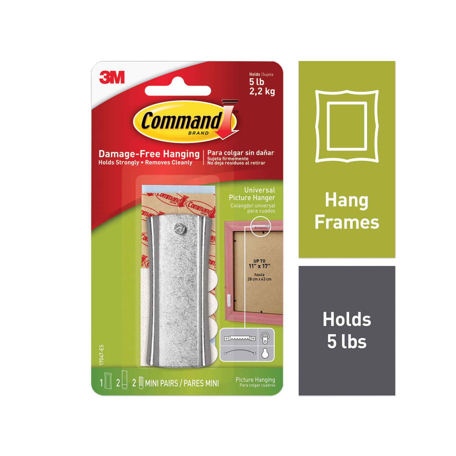  Command 17047 Universal Picture Hanger, Large, Silver, 5 lb Capacity, 1 Hanger and 4 Strips (MMM70006903739) 