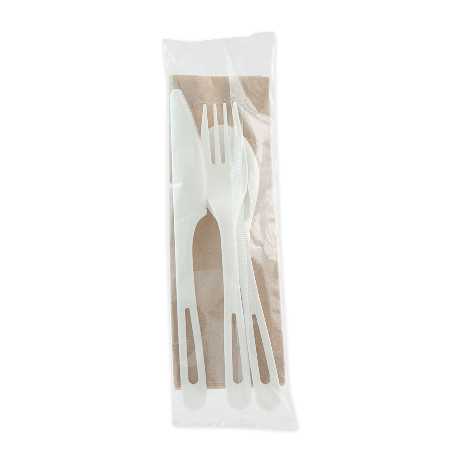 World Centric® TPLA Compostable Cutlery, Knife/Fork/Spoon/Napkin, 6, White, 250/Carton