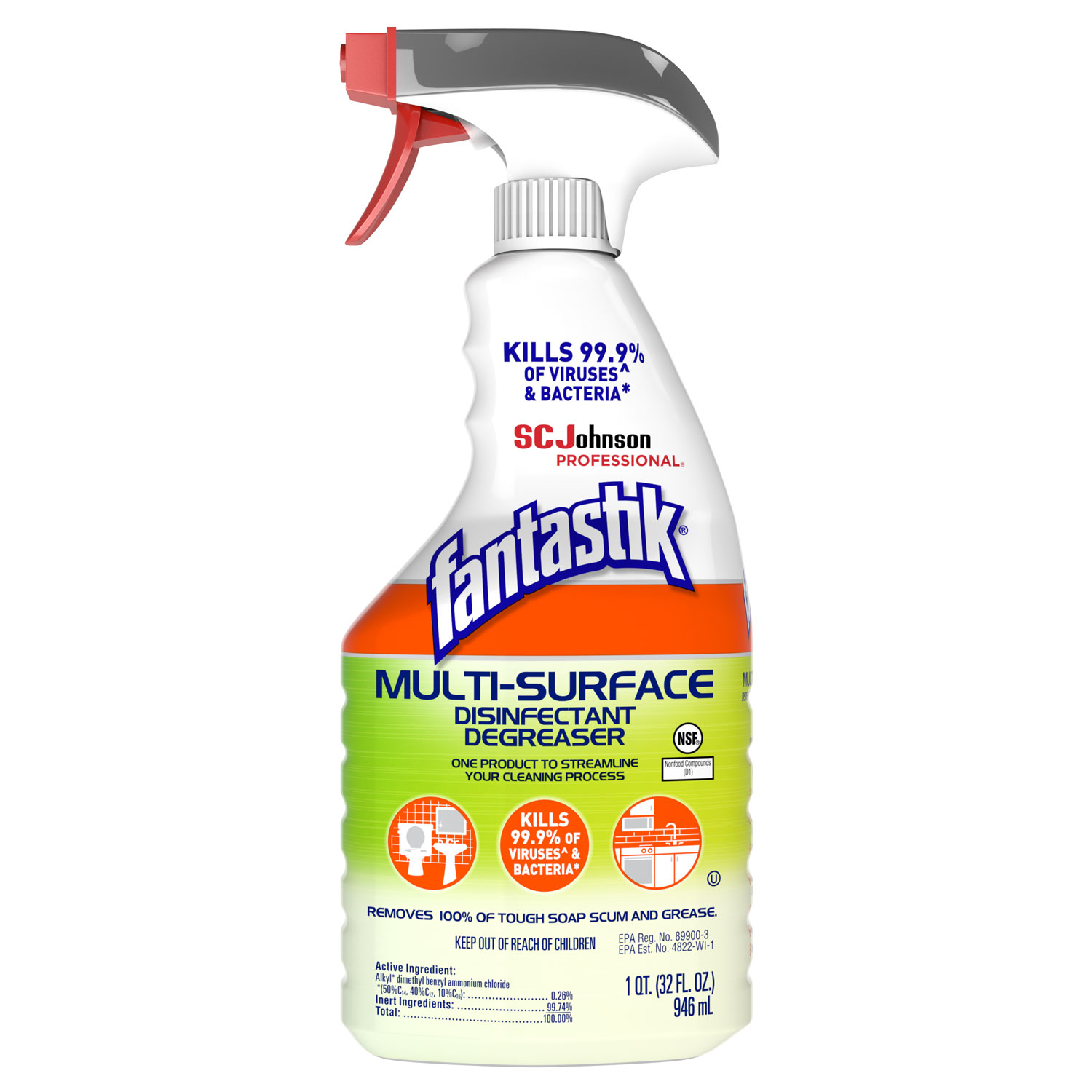  Fantastik Multi-Surface Disinfectant Degreaser, Herbal, 32 oz Spray Bottle, 8/case (SJN311836) 
