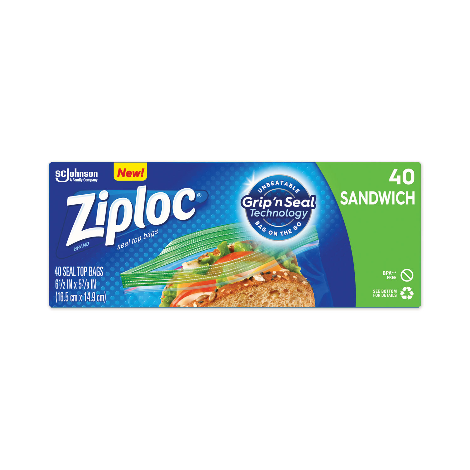 Ziploc® Resealable Sandwich Bags, 1.2 mil, 6.5 x 5.88, Clear, 40/Box