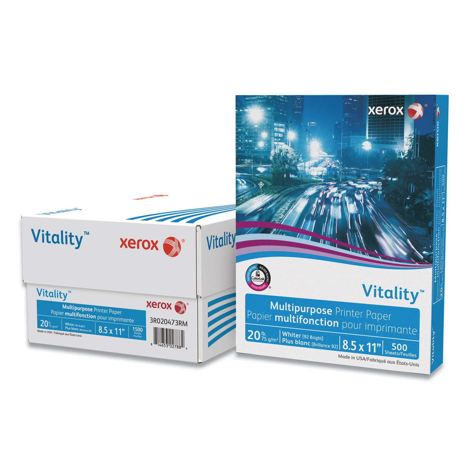 Xerox® Vitality Multipurpose Print Paper, 92 Bright, 20lb, 8.5 x 11, White, 500 Sheets/Ream, 3 Reams/Carton