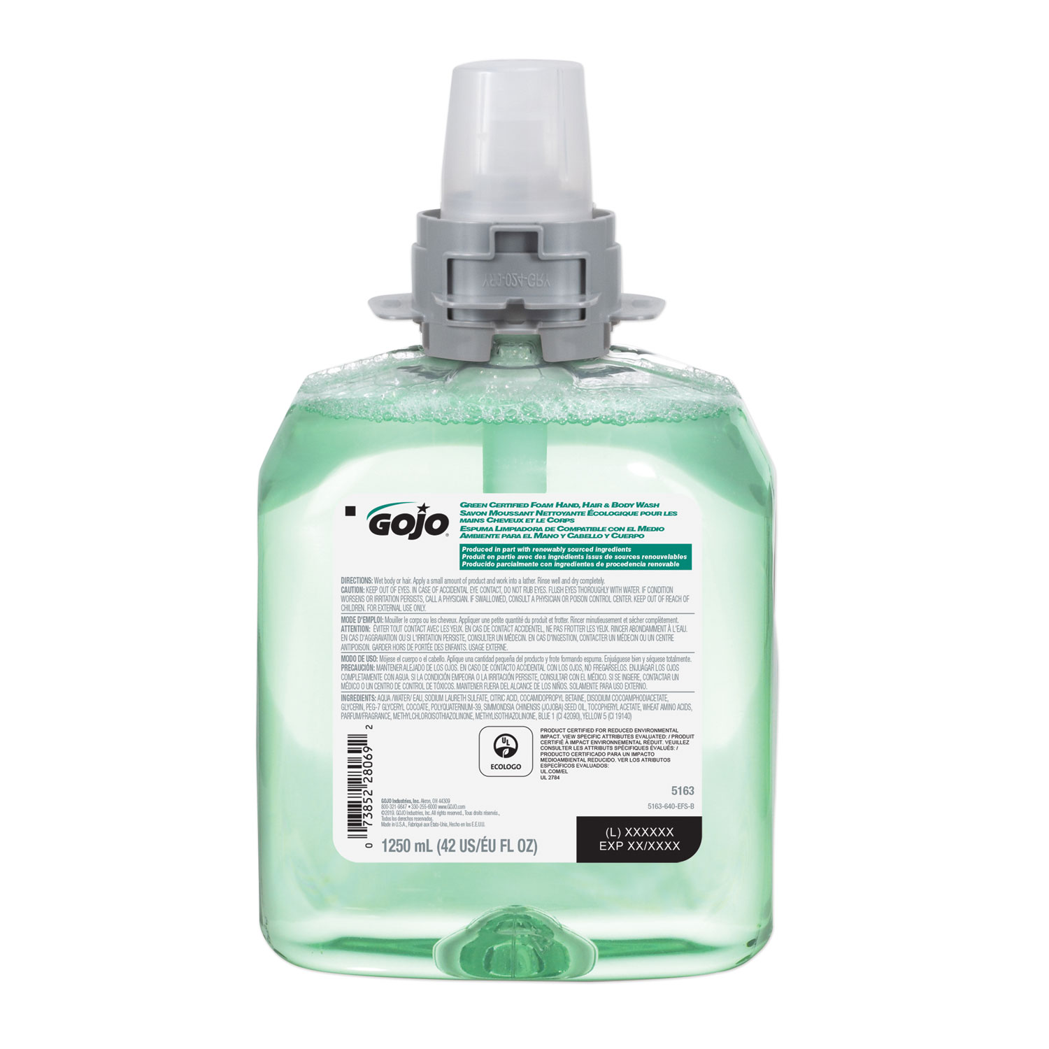 GOJO® Green Certified Foam Hair and Body Wash, Cucumber Melon, 1250 mL Refill, 4/Carton