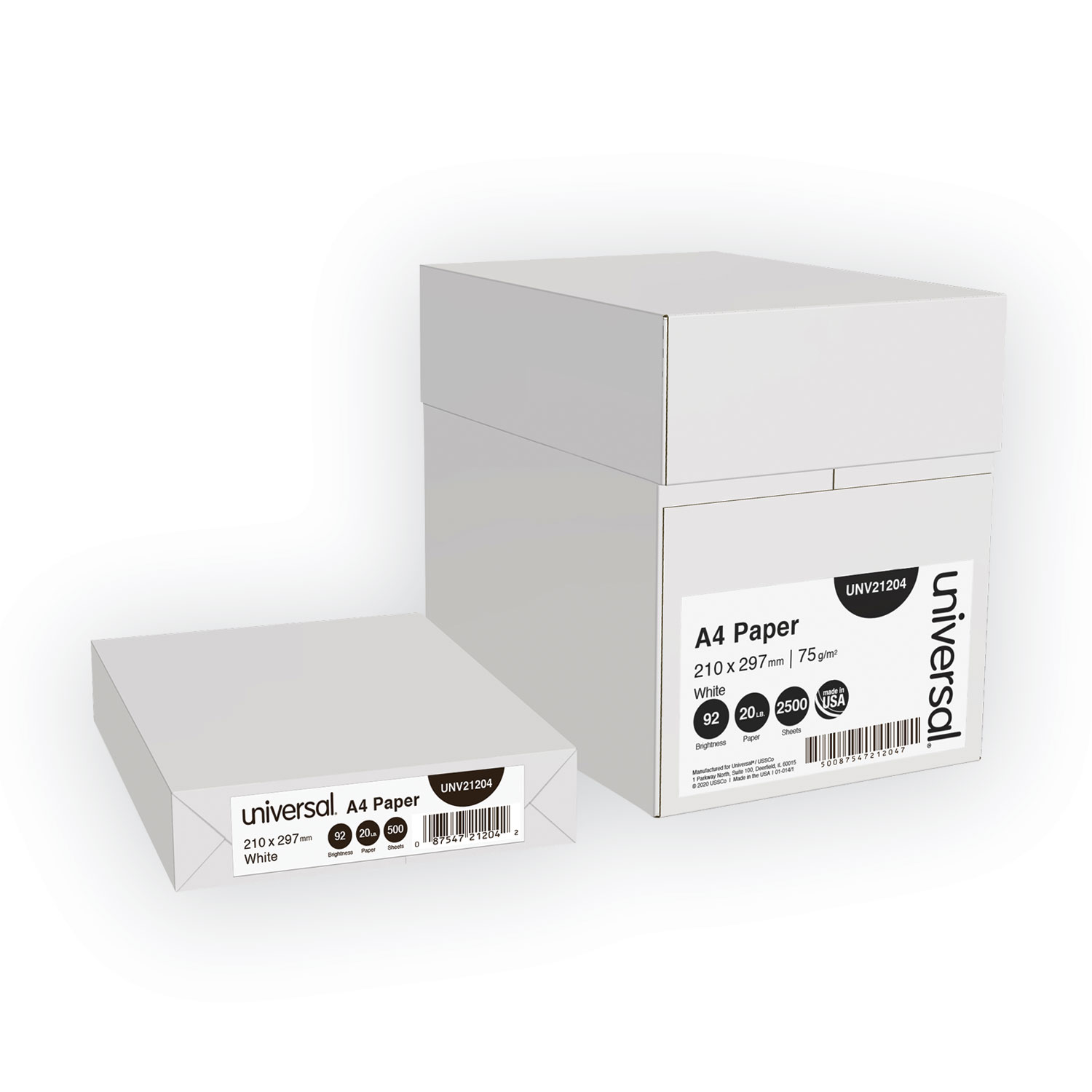  Universal UNV21204 Copy Paper, 92 Bright, 20lb, A4, White, 500 Sheets/Ream, 5 Reams/Carton (UNV21204) 