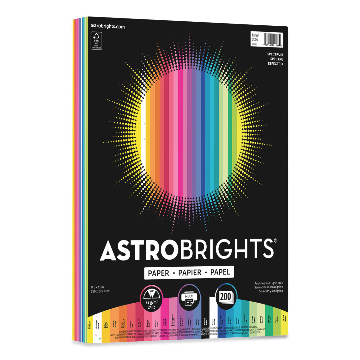 Astrobrights® Color Cardstock - Spectrum Assortment, 24lb, 8.5 x 11, Assorted Spectrum Colors, 200/Pack