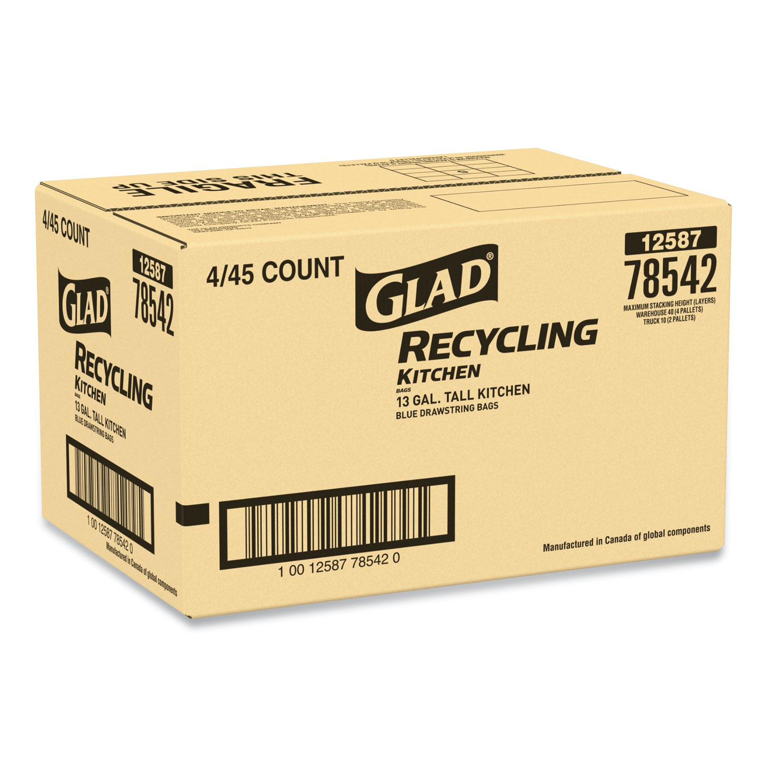 Glad Tall Kitchen Blue Recycling Bags, 13 Gal, 0.9 Mil, 27.38 X 24,  Translucent Blue, 45/Box - CLO78542BX