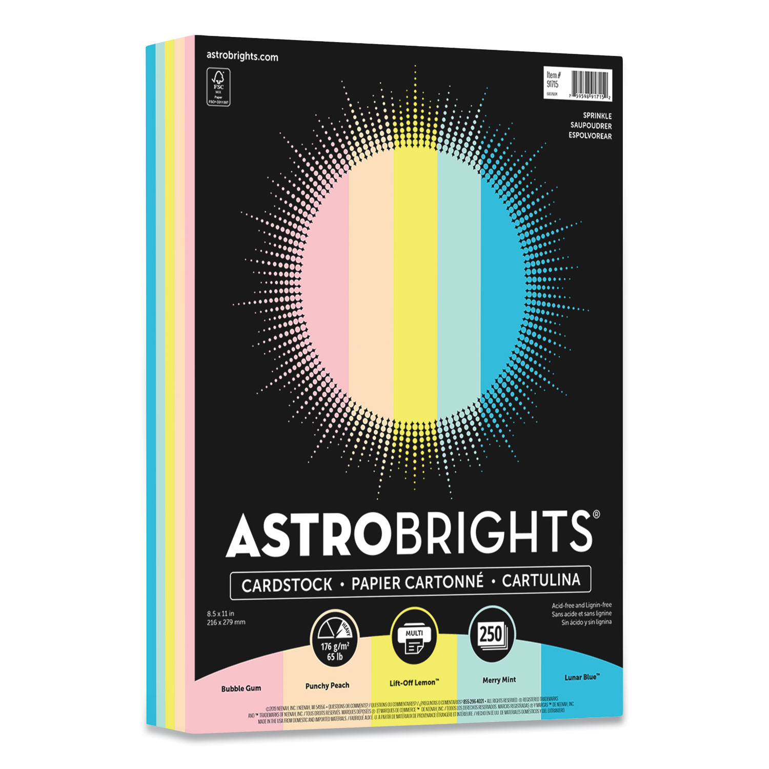  Astrobrights 91715 Color Cardstock, 65 lb, 8.5 x 11, Assorted Colors, 250/Pack (WAU91715) 
