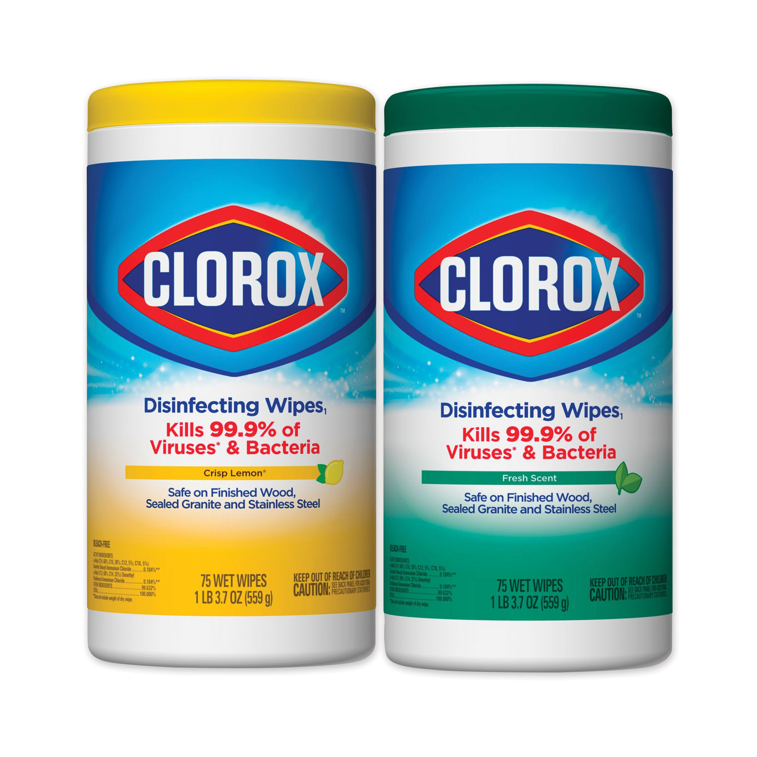  Clorox 01599 Disinfecting Wipes, 7 x 8, Fresh Scent/Citrus Blend, 75/Canister, 2/Pack (CLO01599) 
