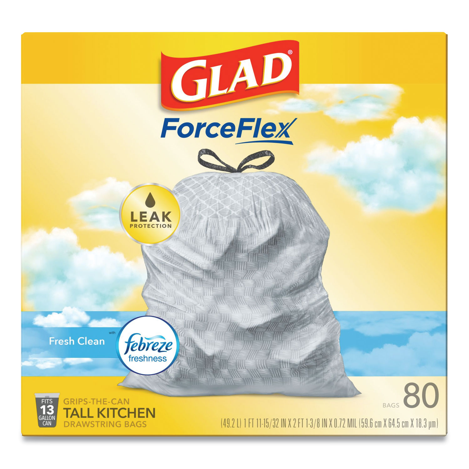 Glad® OdorShield Tall Kitchen Drawstring Bags, 13 gal, 0.72 mil, 24 x  27.38, White, 80 Bags/Box, 3 Boxes/Carton