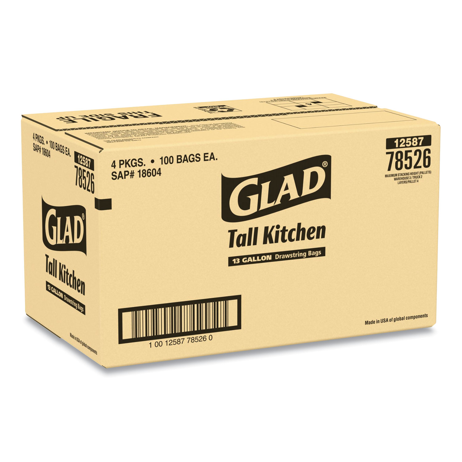 Glad Tall Kitchen Drawstring Trash Bags, 13 Gal, 0.95 Mil, 24 X