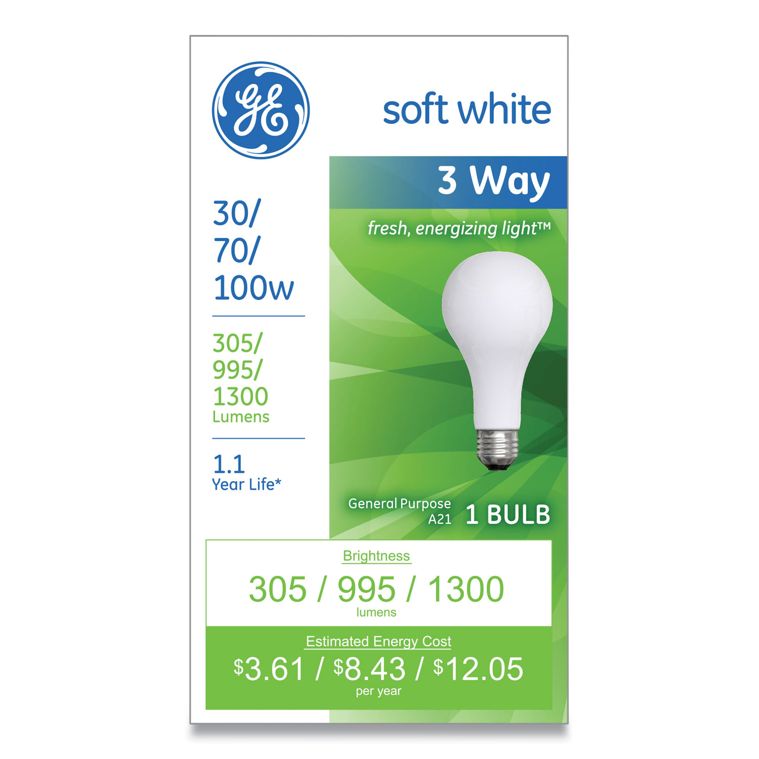  GE 97493 Incandescent SW 3-Way A21 Light Bulb, 30 W/70 W/100 W, Soft White (GEL228861) 