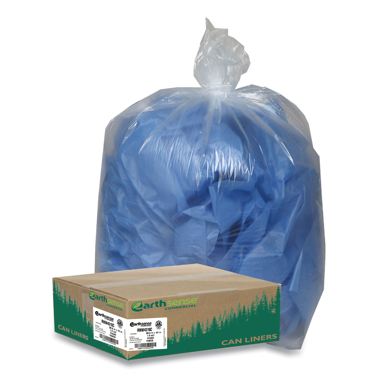  Earthsense Commercial RNW4310C Linear Low Density Clear Recycled Can Liners, 23 gal, 1.25 mil, 28.5 x 43, Clear, 150/Carton (WBIRNW4310C) 