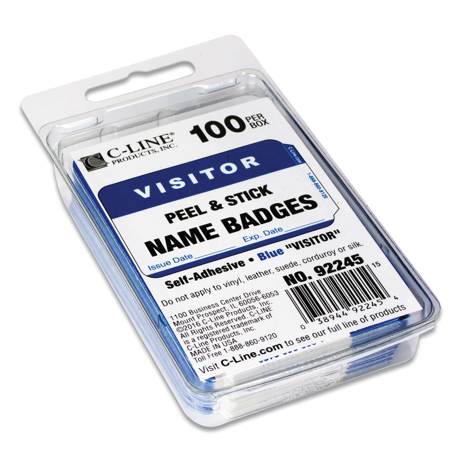 C-Line® Self-Adhesive Name Badges, Hello My Name Is, Blue, 3.5 x 2.25, 100/BX