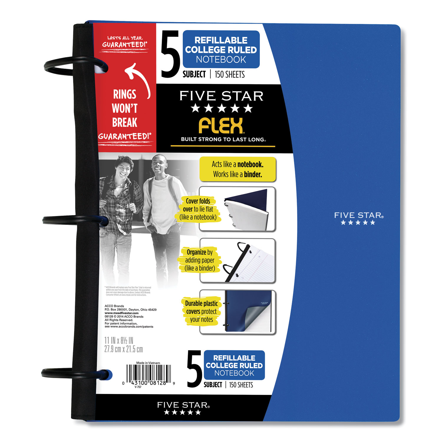  Five Star 08128 FLEX Notebook, 5 Subjects, Medium/College Rule, Randomly Assorted Cover Colors, 11 x 8.5, 150 Sheets (FVS865916) 