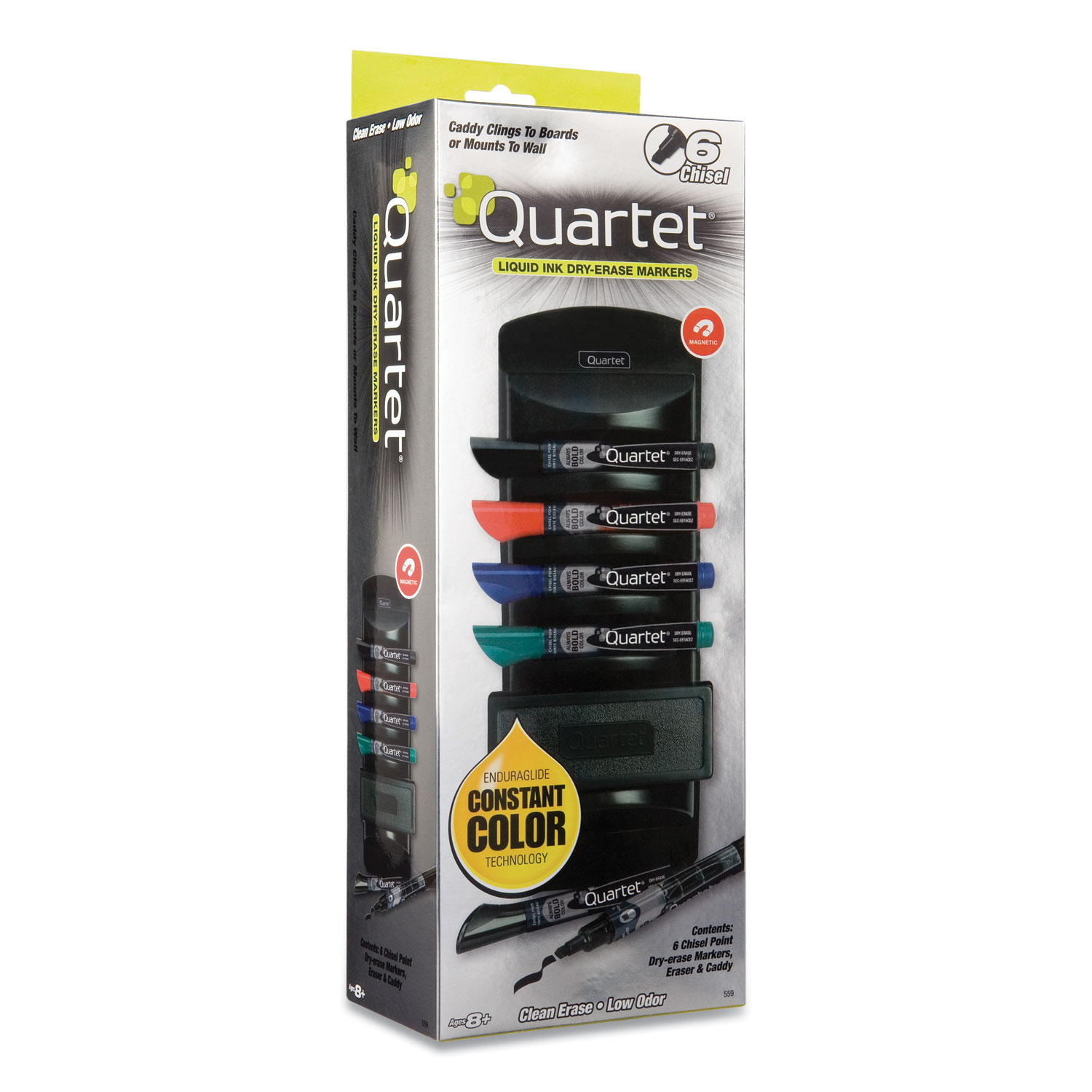  Quartet 559 EnduraGlide Dry Erase Marker Kit, Board Caddy, Board Eraser and 6 Broad Chisel-Tip, Assorted-Color Markers (QRT828474) 