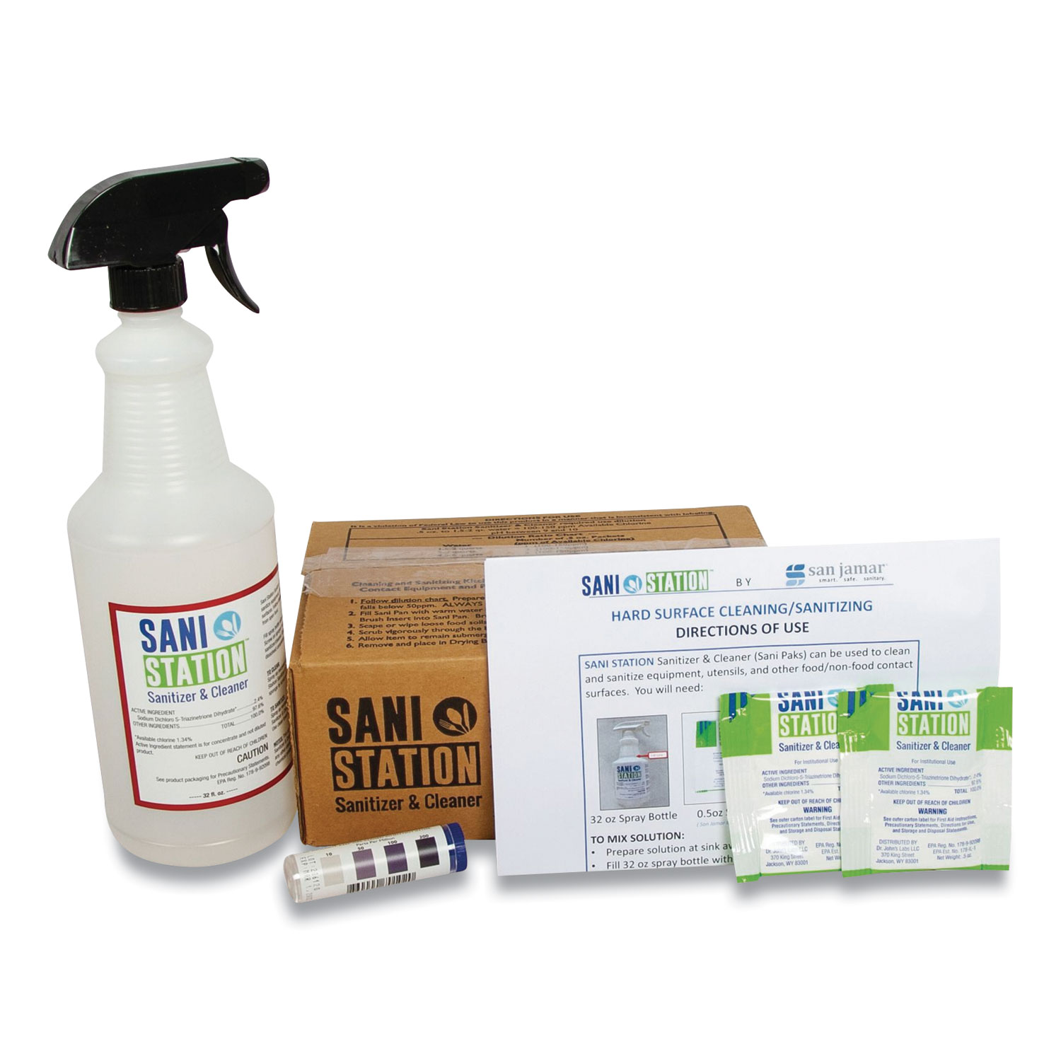 Sani Station Hard Surface Cleaner Kit 1 Spray Bottle 1 Tube Chlorine Test Strips 100 0 5 Oz Packets Golden Isles Office Equipment