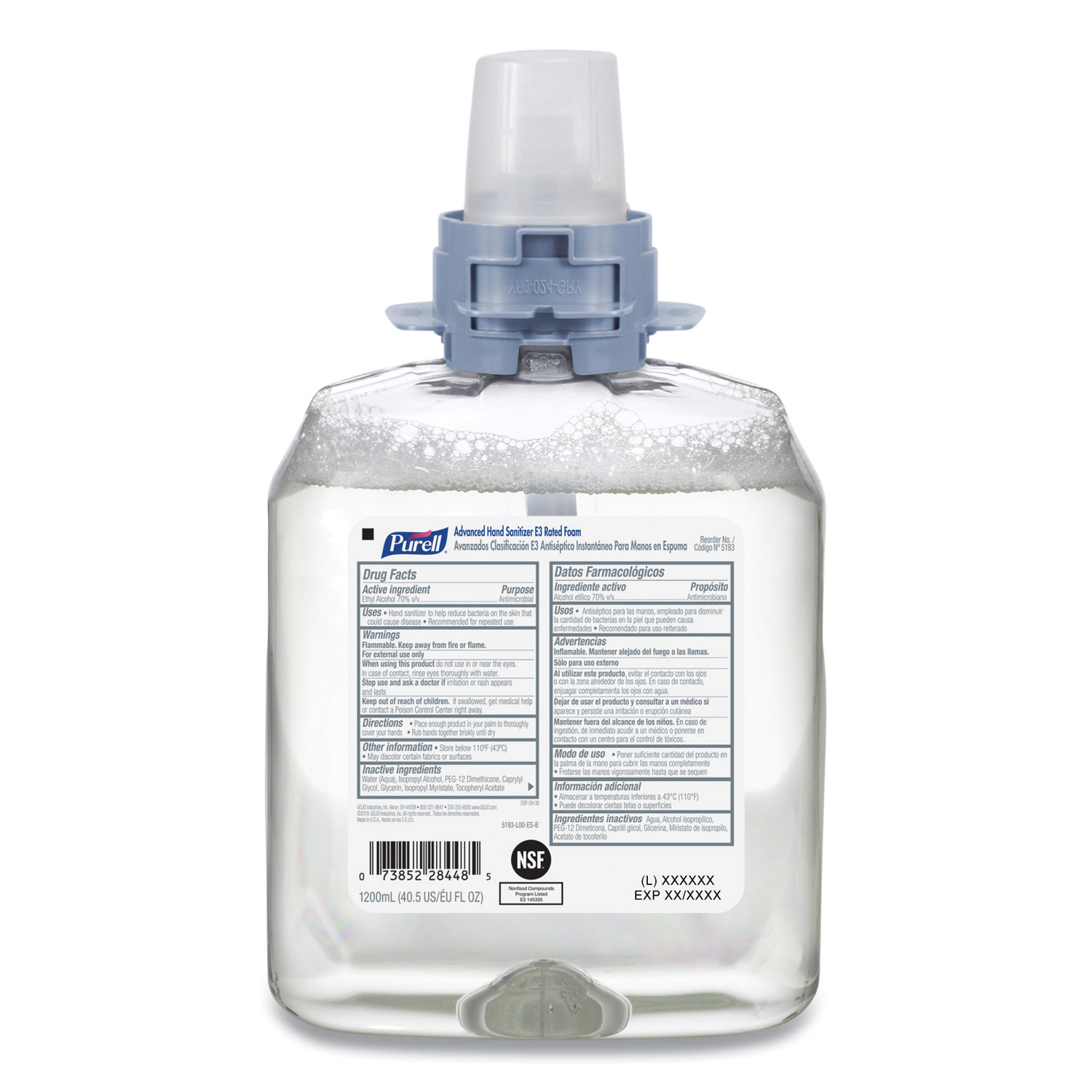  PURELL 5193-04 Advanced E-3 Rated Foam Hand Sanitizer, 1200 mL Refill, 4/Carton (GOJ519304CT) 