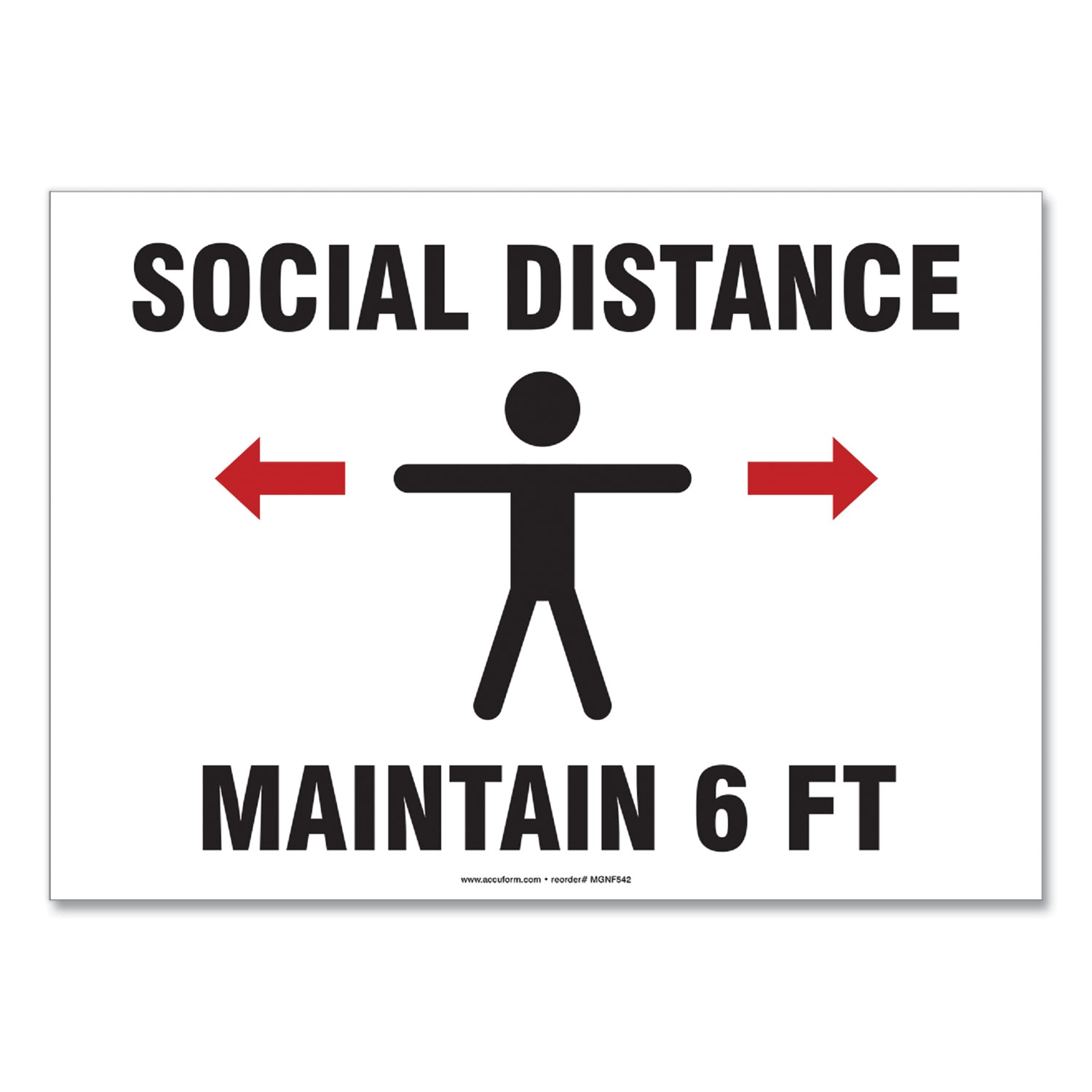 Accuform® Social Distance Signs, Wall, 10 x 7, Social Distance Maintain 6 ft, Human/Arrows, White, 10/Pack