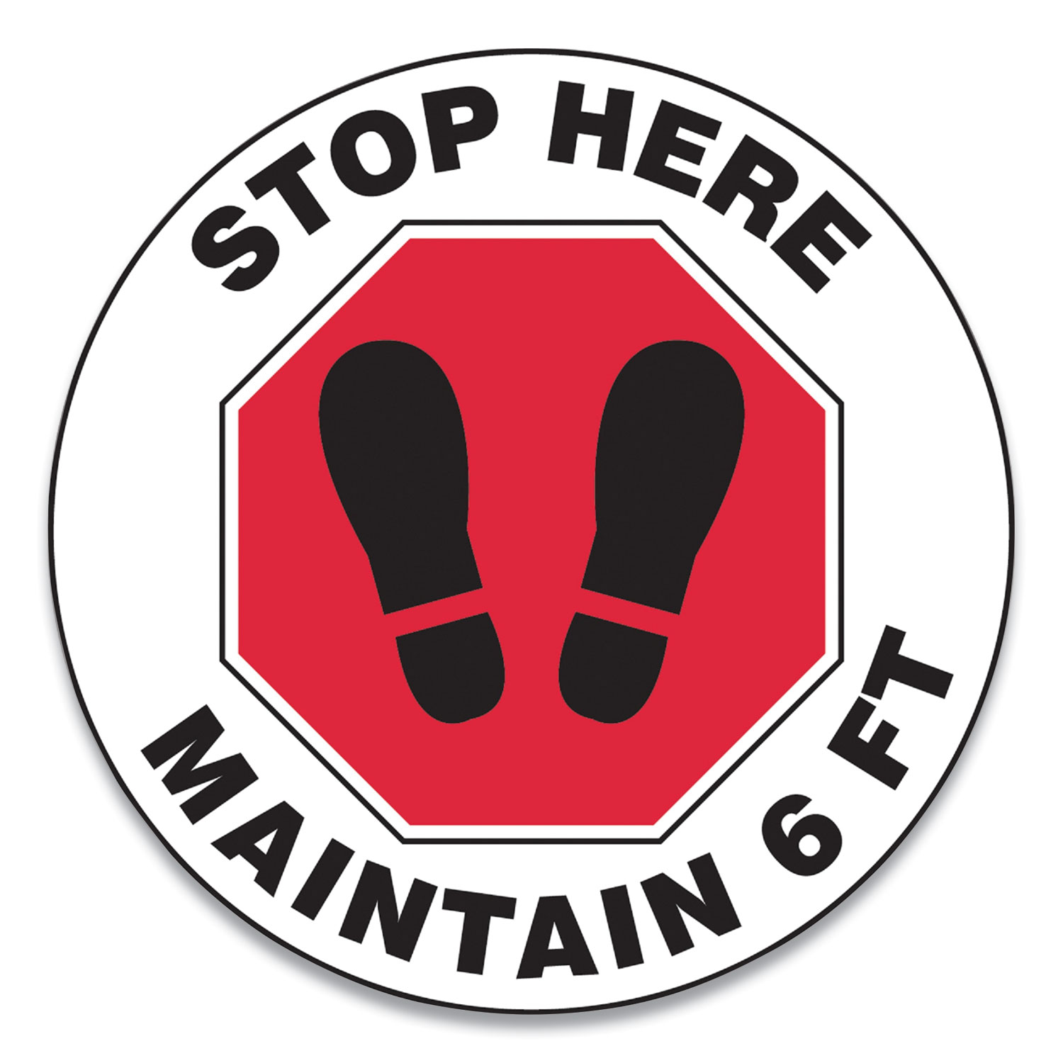  Accuform MFS390ESP Slip-Gard Social Distance Floor Signs, 17 Circle, Stop Here Maintain 6 ft, Footprint, Red/White, 25/Pack (GN1MFS390ESP) 