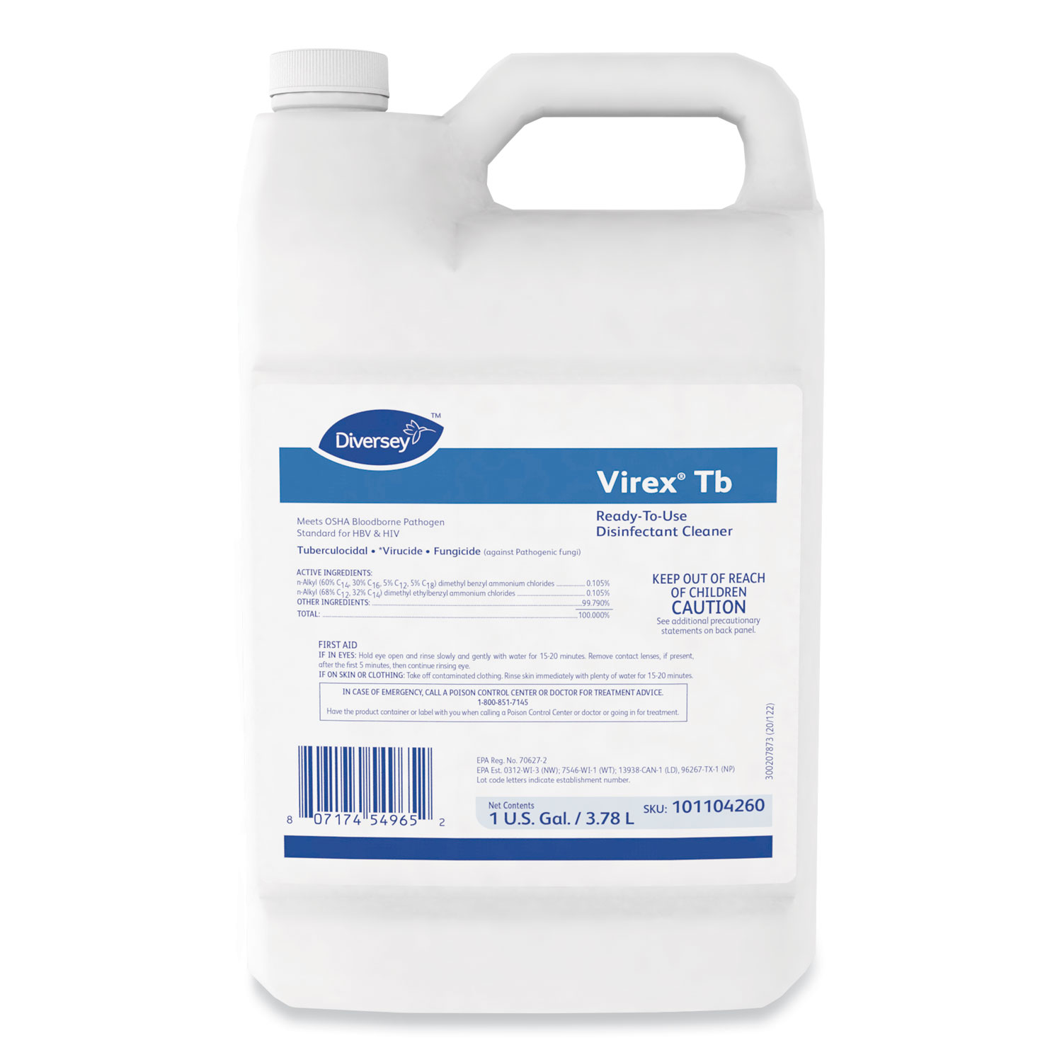 Diversey™ Virex TB Disinfectant Cleaner, Lemon Scent, Liquid, 1 Gallon Bottle, 4/Carton