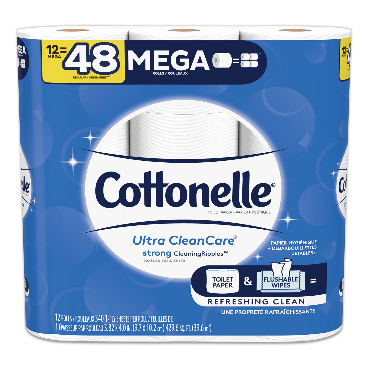Cottonelle® Ultra CleanCare Toilet Paper, Strong Tissue, Mega Rolls, Septic Safe, 1 Ply, White, 340 Sheets/Roll, 12 Rolls