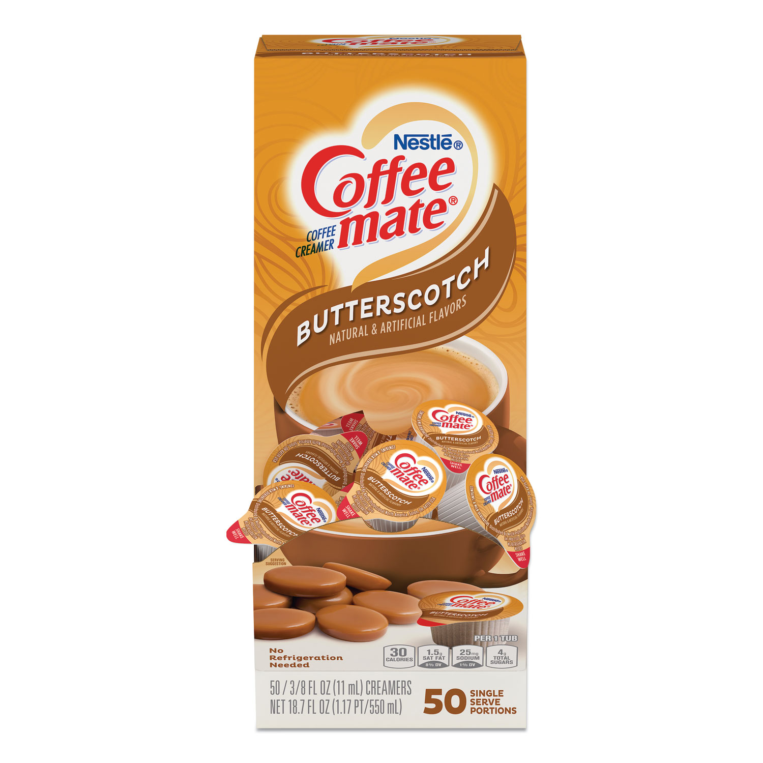 Coffee mate® Liquid Coffee Creamer, Butterscotch, 0.38 oz Mini Cups, 50 Cups/Box