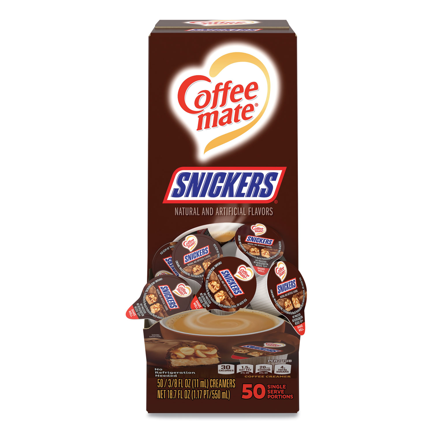 Coffee mate® Liquid Coffee Creamer, Snickers, 0.38 oz Mini Cups, 50 Cups/Box