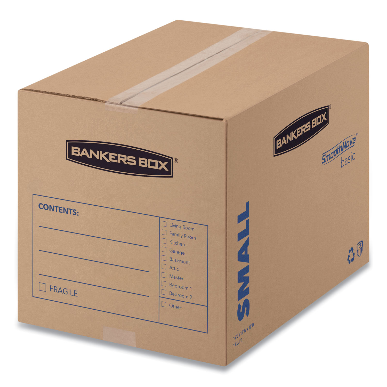 SmoothMove Basic Moving Boxes, Regular Slotted Container (RSC), Small, 12″ x 16″ x 12″, Brown/Blue, 25/Bundle