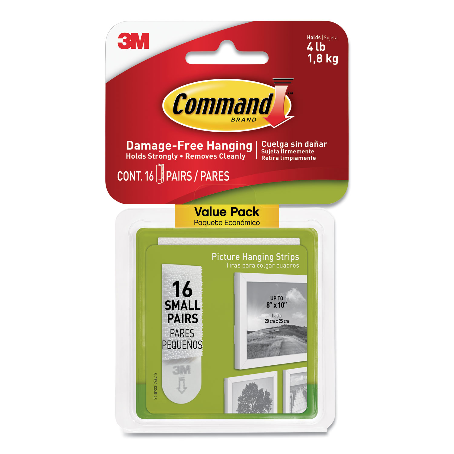  Command 17205-16ES Picture Hanging Strips, Value Pack, Small, Removable, 0.63 x 1.81, White, 16 Pairs/Pack (MMM1720516ES) 