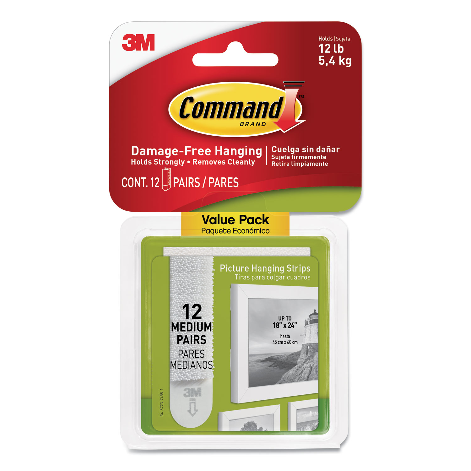  Command 17204-12ES Picture Hanging Strips, Value Pack, Medium, Removable, 0.75 x 2.75, White, 12 Pairs/Pack (MMM1720412ES) 
