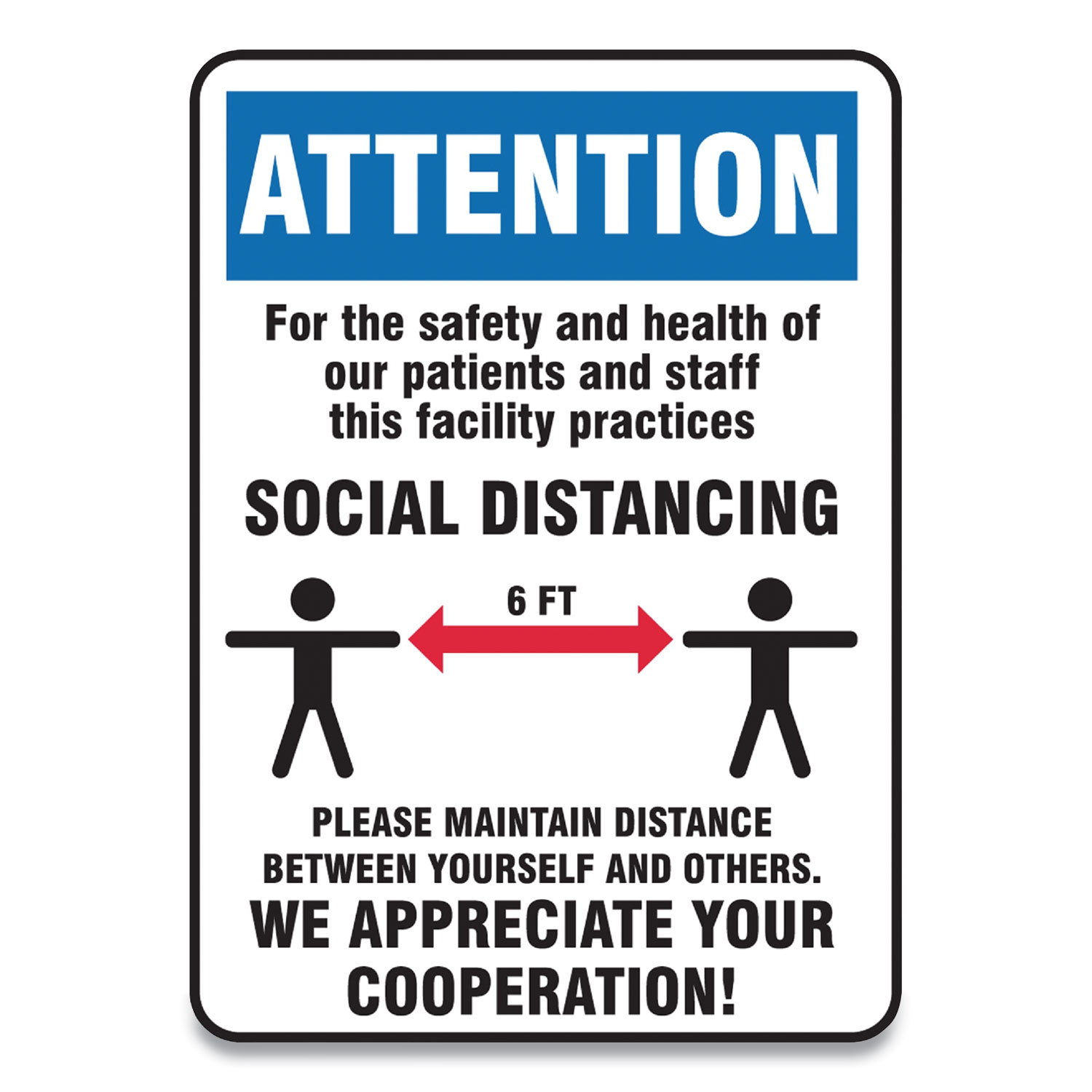 Accuform® Social Distance Signs, Wall, 7 x 10, Patients and Staff Social Distancing, Humans/Arrows, Blue/White, 10/Pack
