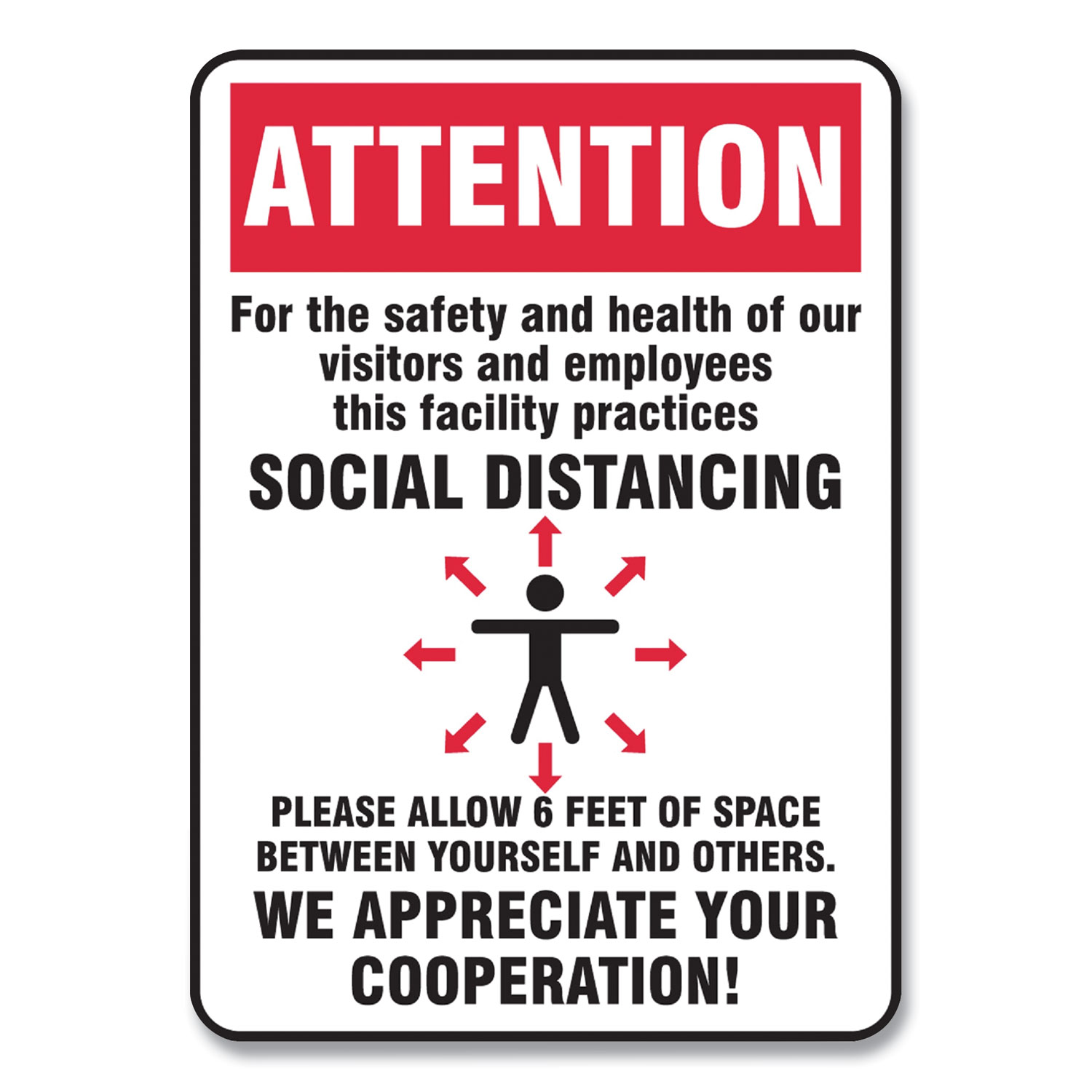 Accuform MGNG902VPESP Social Distance Signs, Wall, 7 x 10, Visitors and Employees Distancing, Humans/Arrows, Red/White, 10/Pack (GN1MGNG902VPESP) 