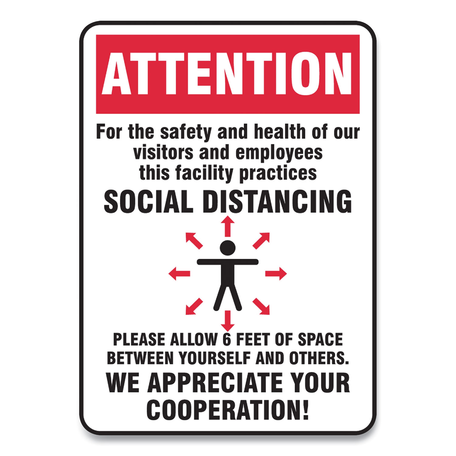  Accuform MGNG906VPESP Social Distance Signs, Wall, 10 x 14, Visitors and Employees Distancing, Humans/Arrows, Red/White, 10/Pack (GN1MGNG906VPESP) 