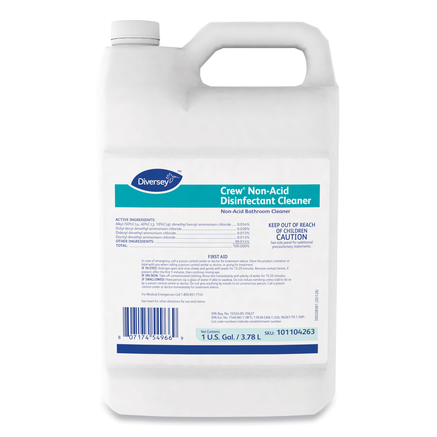  Diversey 101104263 Crew Non-Acid Disinfectant Cleaner, 1 gal, Jug, Fresh Scent, 4/Carton (DVO101104263) 