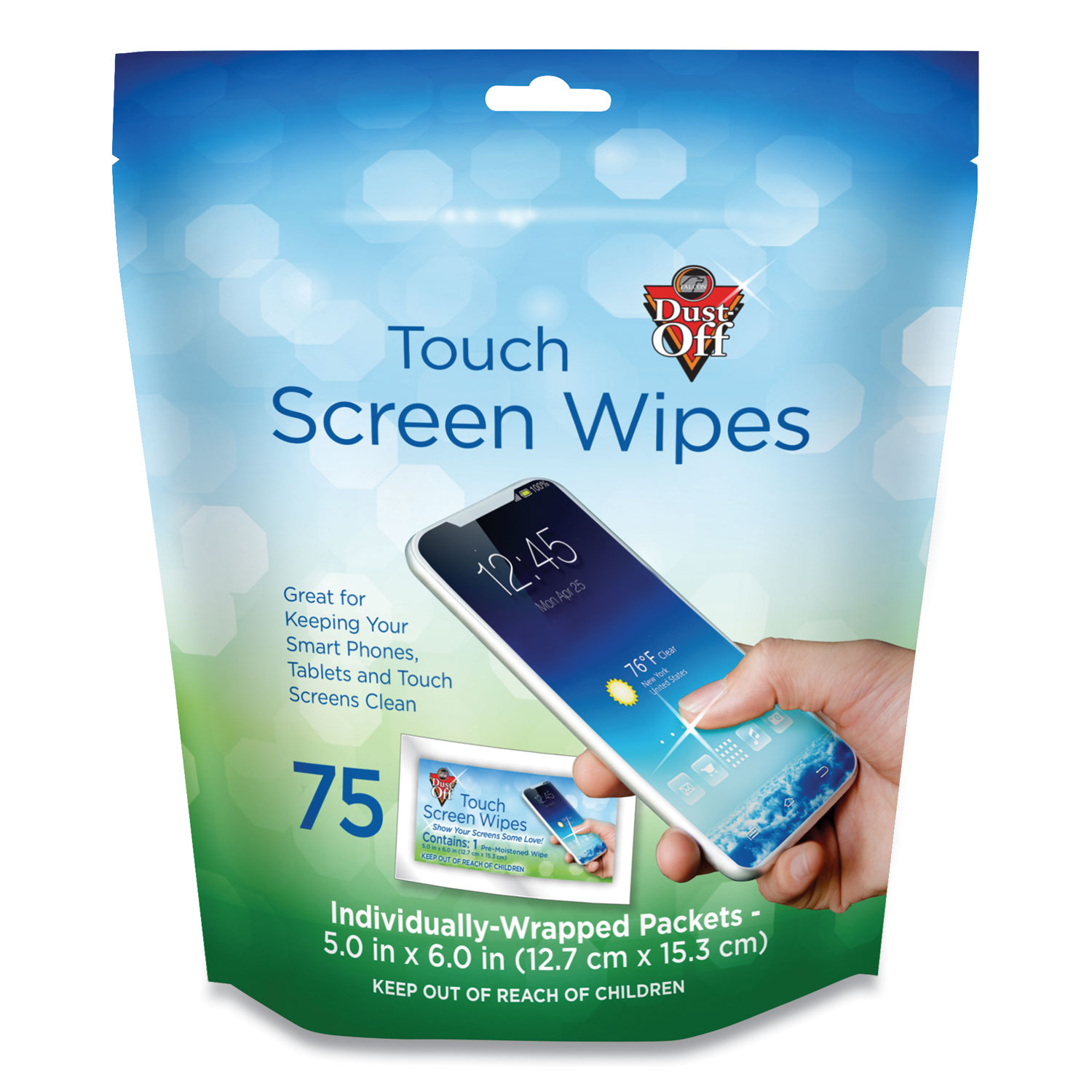 Dust-Off® Touch Screen Wipes, 5 x 7.75, 75 Individual Foil Packets