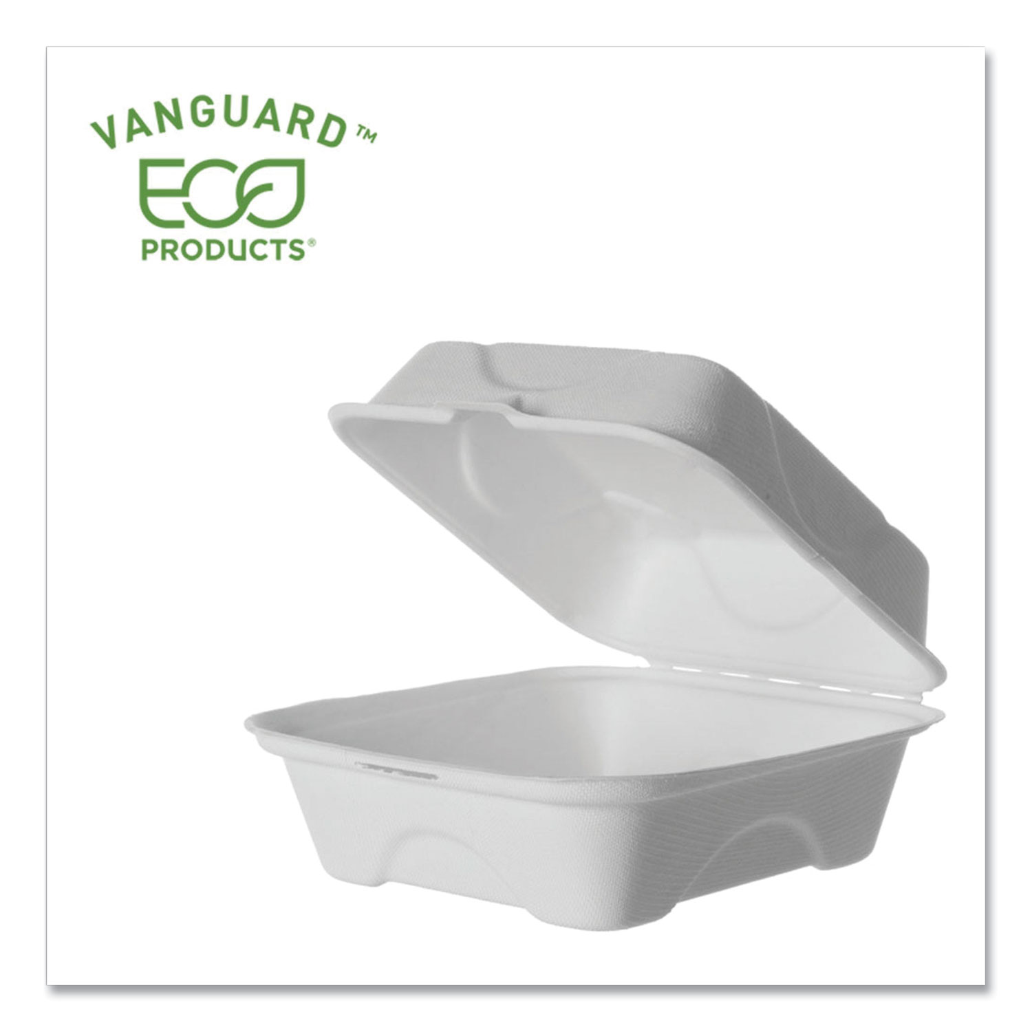 Eco-Products® Vanguard Renewable and Compostable Sugarcane Clamshells, 1-Compartment, 6 x 6 x 3, White, 500/Carton