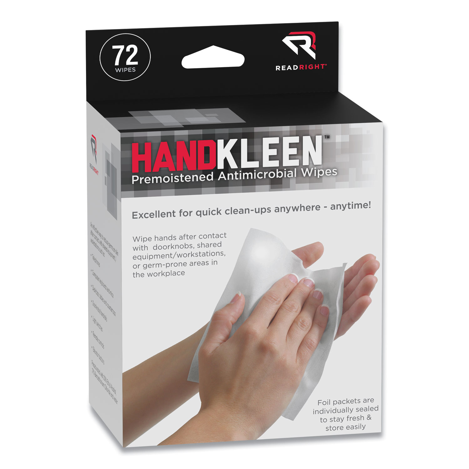 Read Right® HandKleen Premoistened Antibacterial Wipes, 7 x 5, Foil Packet, 72/Box