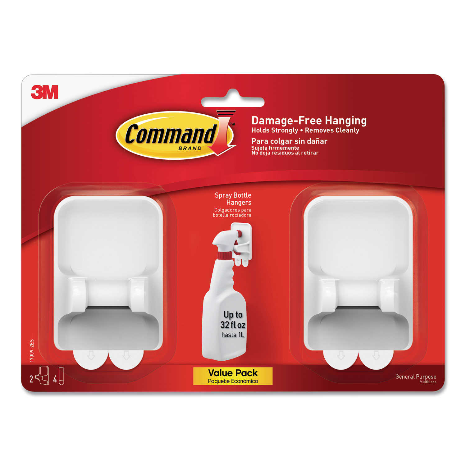 Command™ Spray Bottle Holder, 2.34 x 1.69 x 3.34, White, 2 Hangers/4 Strips/Pack