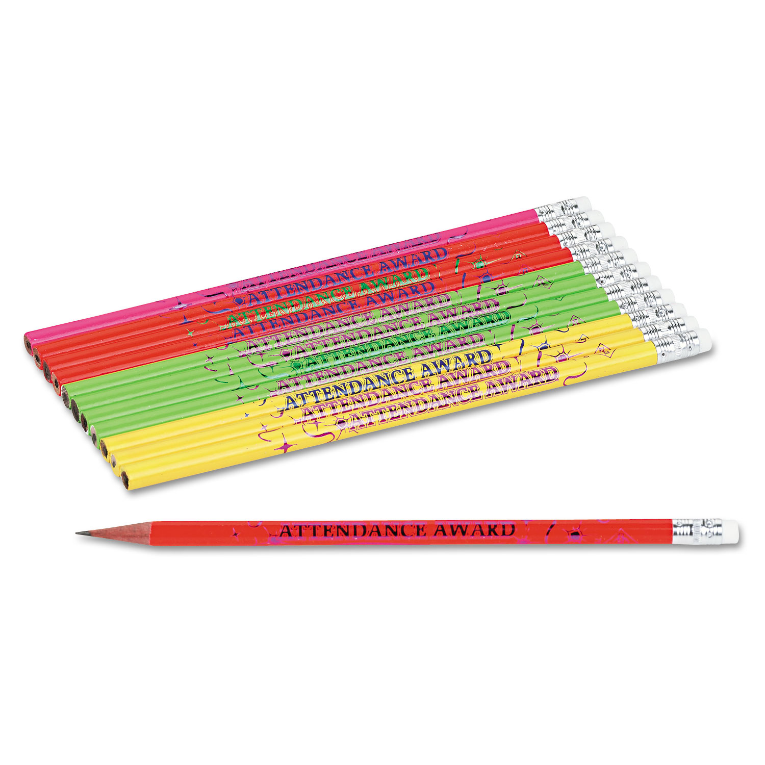  Moon Products 7910B Attendance Award Recognition Pencil, HB (#2), Black Lead, Assorted Barrel Colors, Dozen (MPD7910B) 
