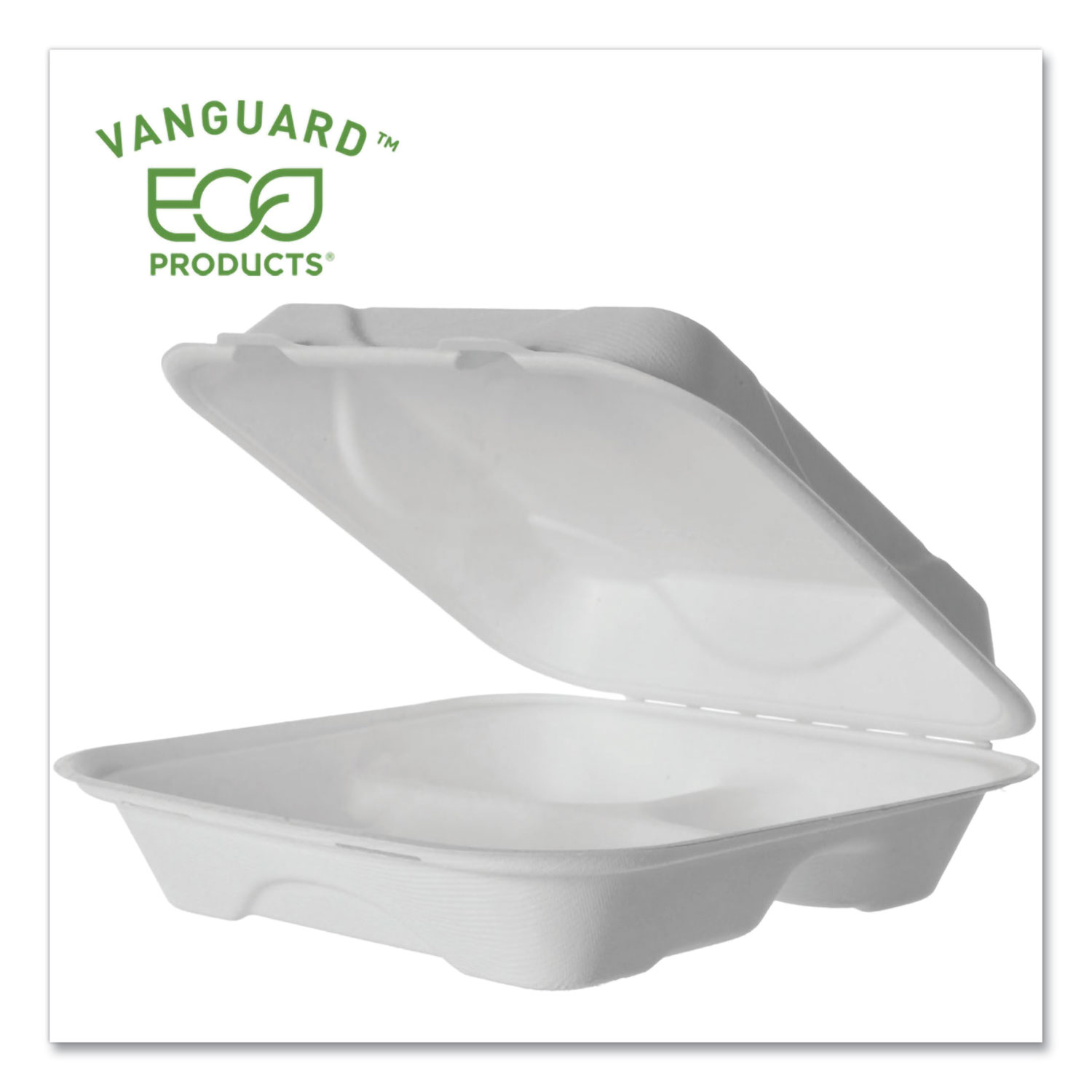  Eco-Products EP-HC93NFA Vanguard Renewable and Compostable Sugarcane Clamshells, 3-Compartment, 9 x 9 x 3, White, 200/Carton (ECOEPHC93NFA) 