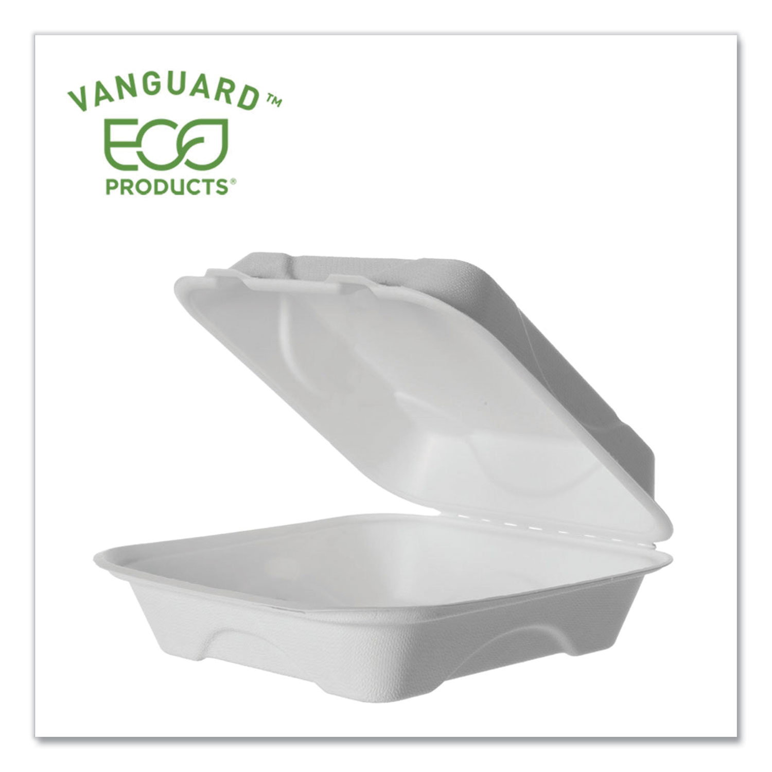  Eco-Products EP-HC81NFA Vanguard Renewable and Compostable Sugarcane Clamshells, 1-Compartment, 8 x 8 x 3, White, 200/Carton (ECOEPHC81NFA) 