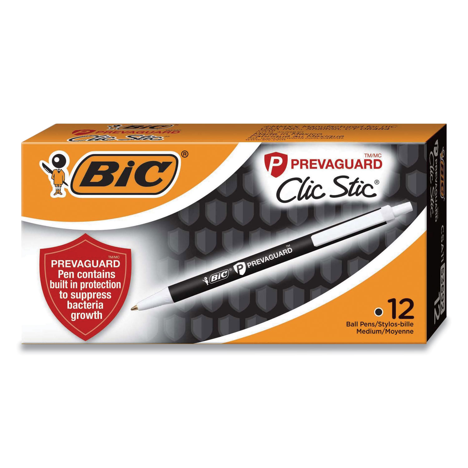 BIC® PrevaGuard Antimicrobial Retractable Ballpoint Pen, Medium 1 mm, Black Ink/Barrel, Dozen