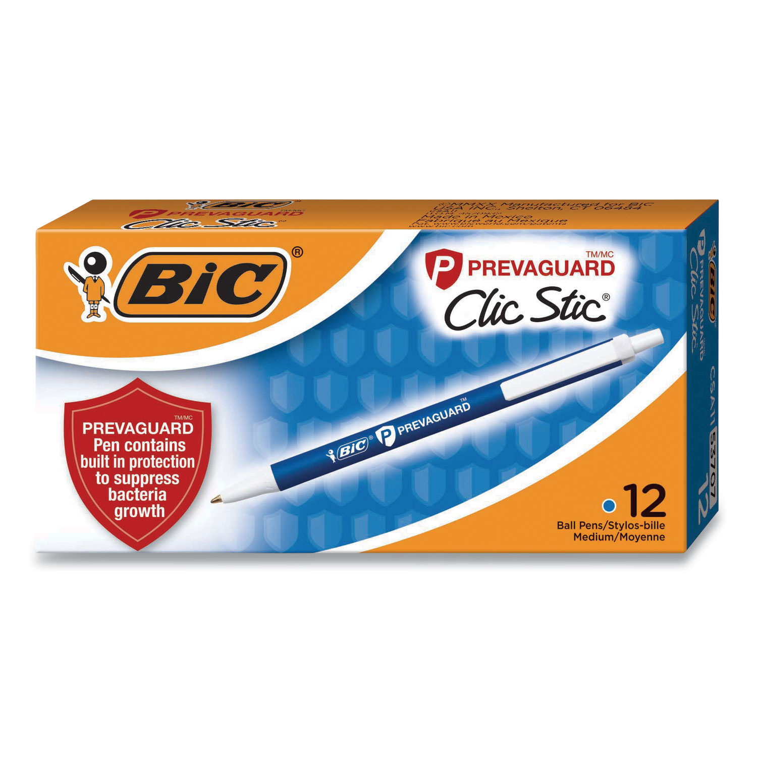 BIC® PrevaGuard Antimicrobial Retractable Ballpoint Pen, Medium 1 mm, Blue Ink/Barrel, Dozen