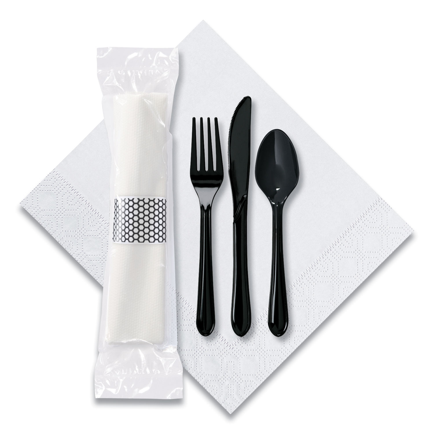  Hoffmaster 119901 CaterWrap Cater to Go Express Cutlery Kit, Fork/Knife/Spoon/Napkin, Black, 100/Carton (HFM119901) 