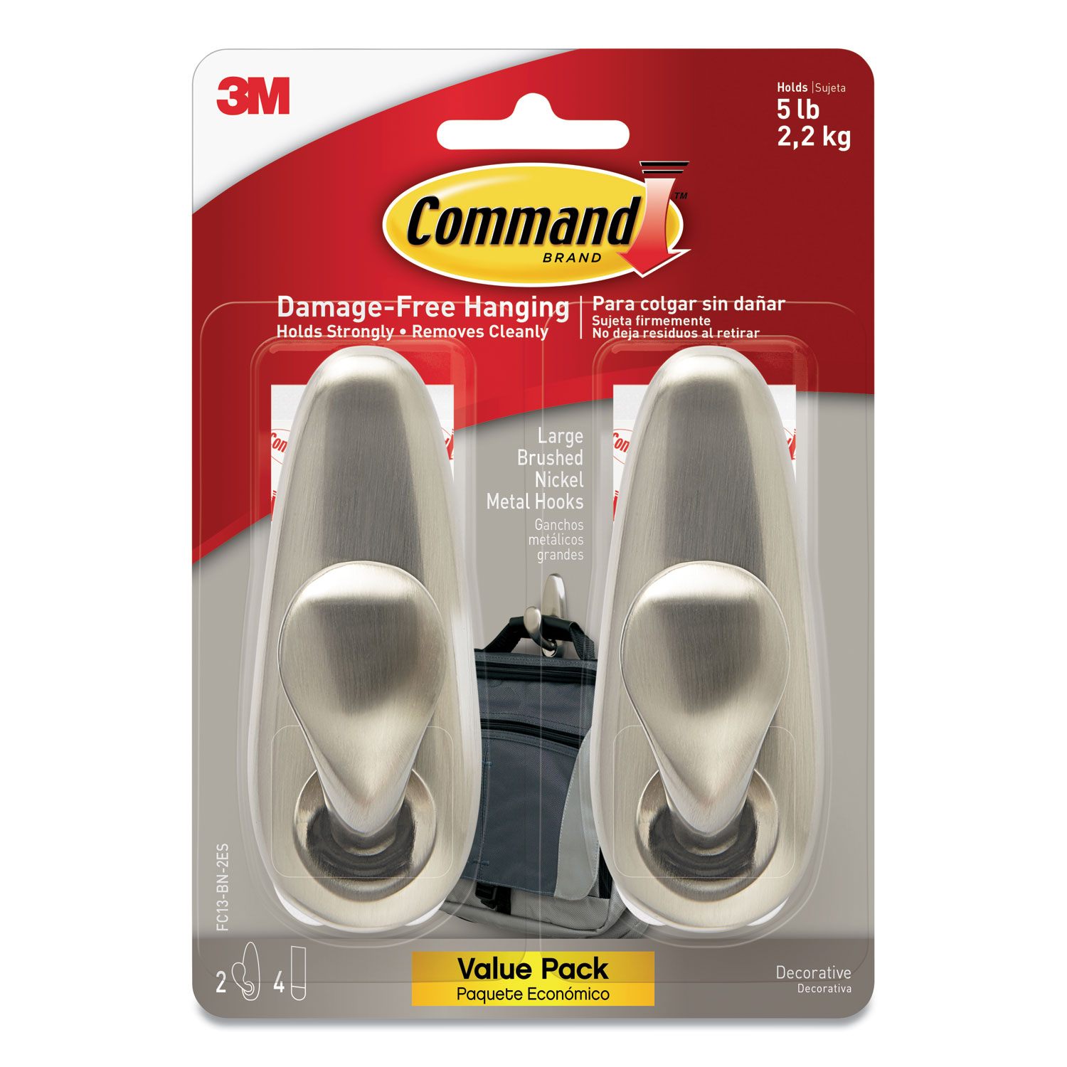 Command™ Adhesive Mount Metal Hook, Large, Brushed Nickel Finish, 2 Hooks and 4 Strips/Pack